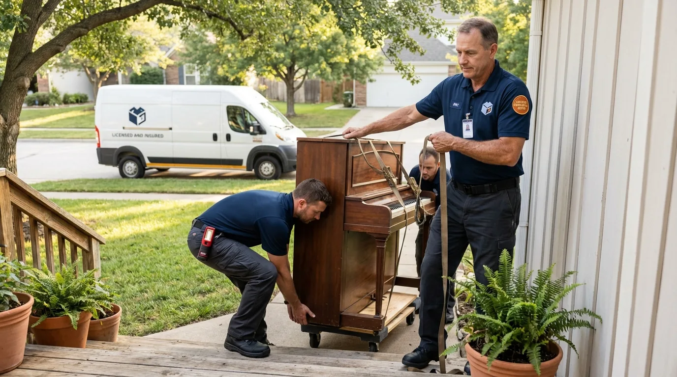 Licensed piano movers securing grand piano in Leonardtown, MD