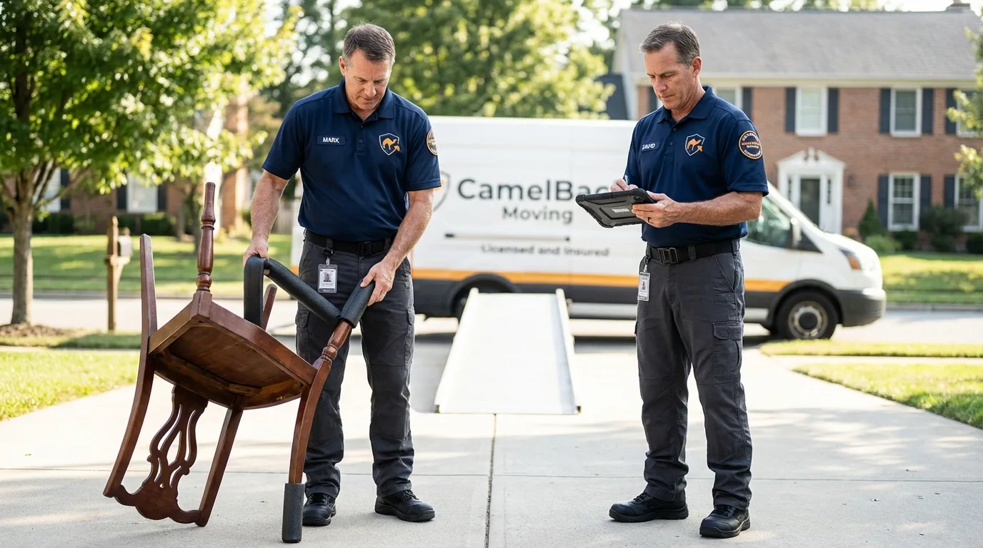 Movers inspecting furniture for damage prevention before loading in Leonardtown, MD